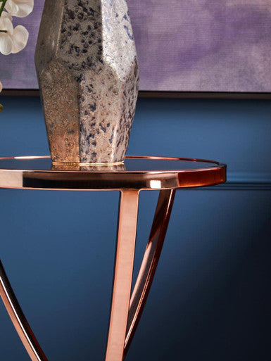 Orsina Allure Rose Gold Round Side Table – Bow-Shaped Metal End Table