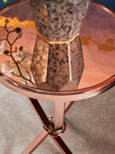 Orsina Allure Rose Gold Round Side Table – Bow-Shaped Metal End Table