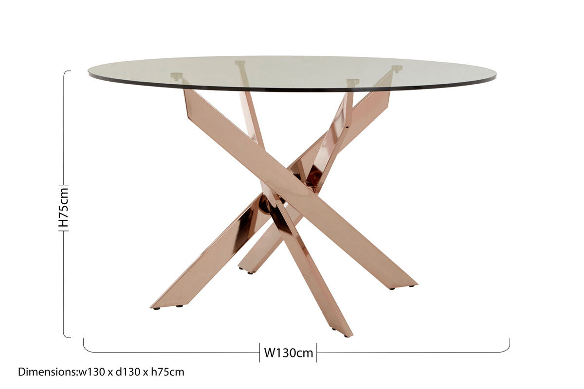 Orsina Allure Round Glass Dining Table – Rose Gold Latticed Legs