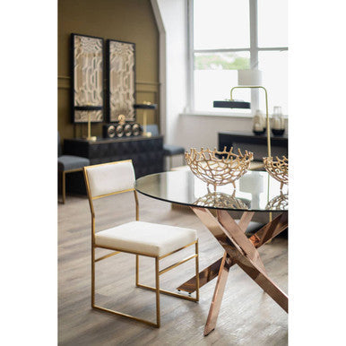 Orsina Allure Round Glass Dining Table – Rose Gold Latticed Legs