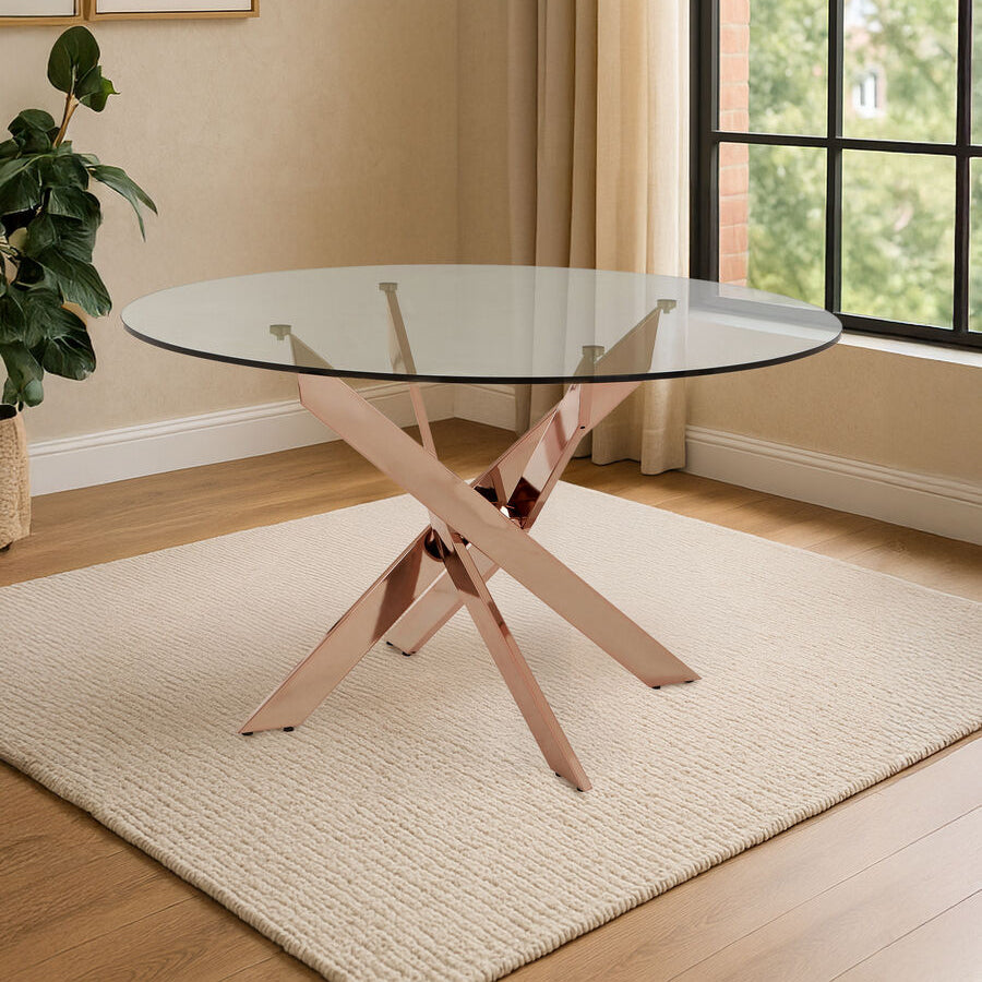 Orsina Allure Round Glass Dining Table – Rose Gold Latticed Legs