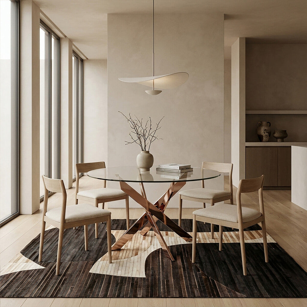 Orsina Allure Round Glass Dining Table – Rose Gold Latticed Legs