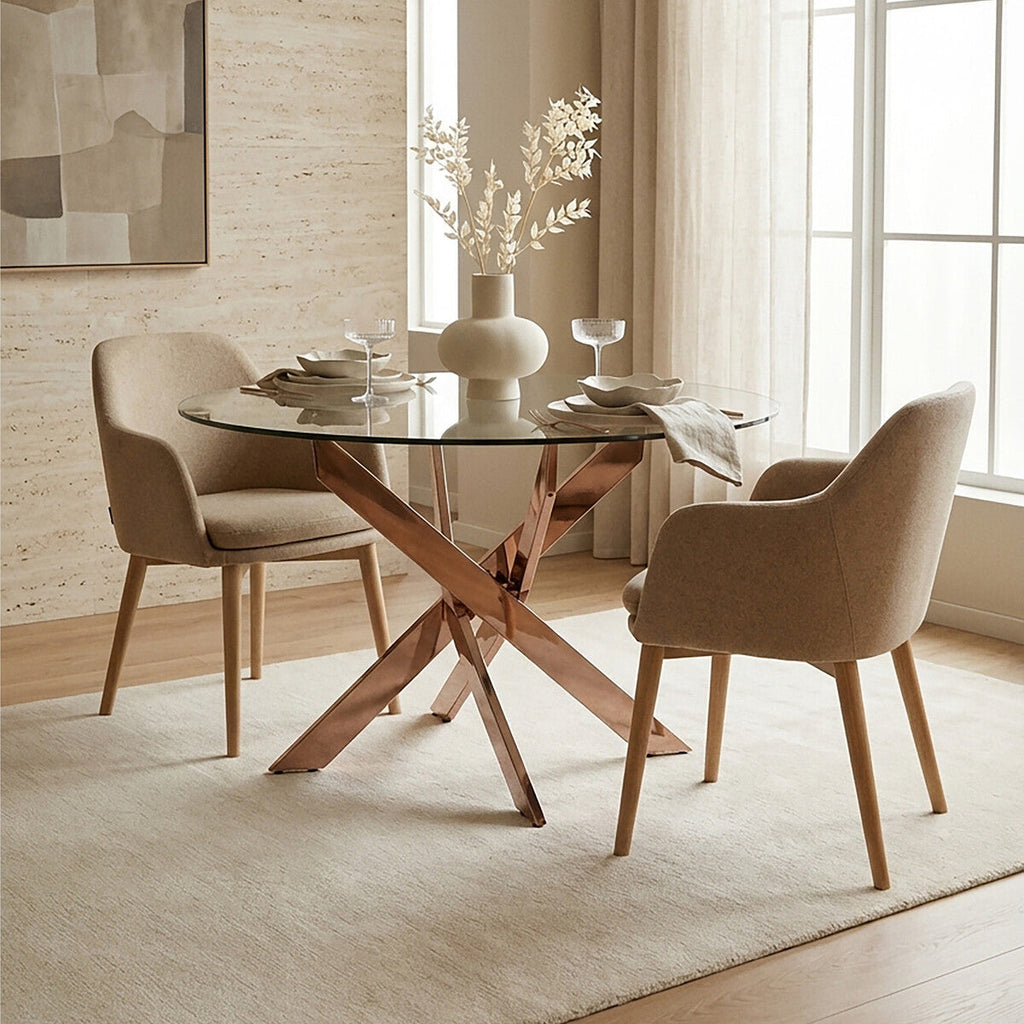 Orsina Allure Round Glass Dining Table – Rose Gold Latticed Legs