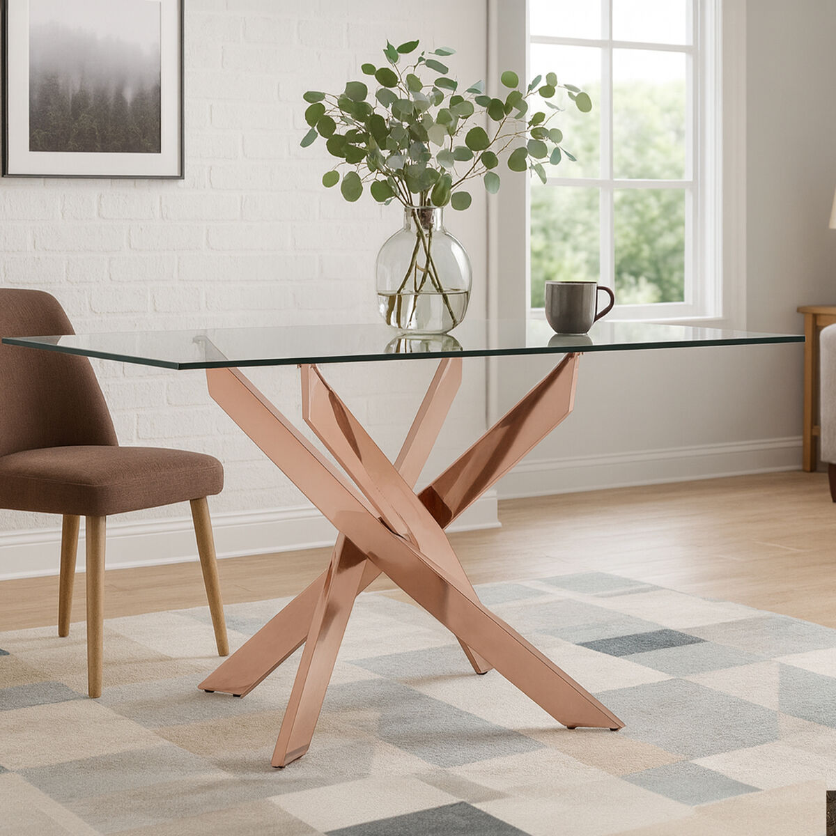 Orsina Allure Rectangular Glass Dining Table | Rose Gold Stainless Steel
