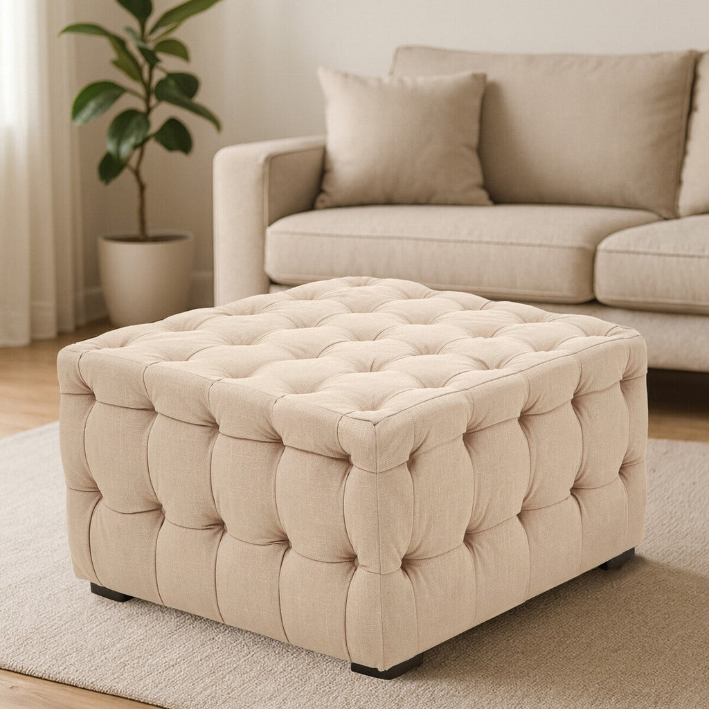 Orsina Stella Beige Linen Button Tufted Stool – Compact Entryway Seat