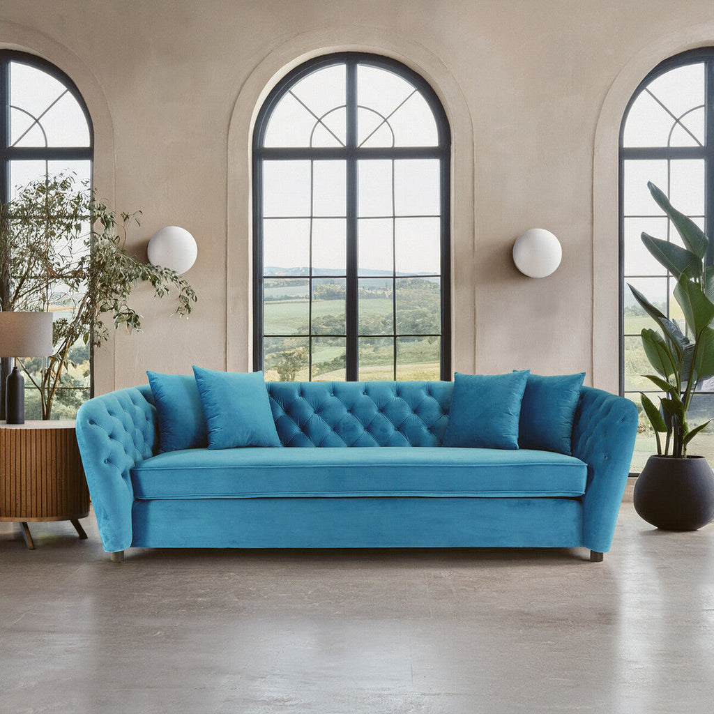 Orsina Riva 3 Seater Cyan Velvet Sofa | Tufted Modern Living Room