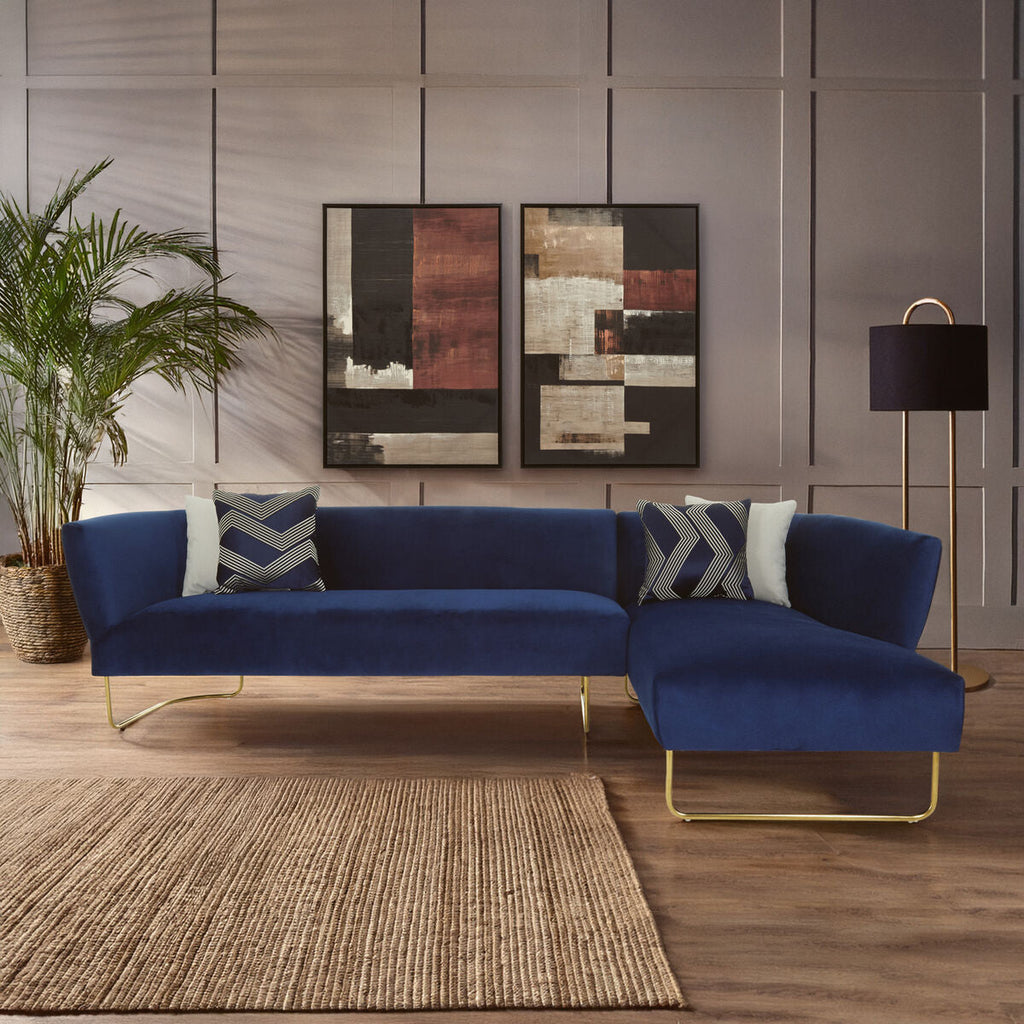 Orsina Renee 5-Seater Corner Sofa – Dark Blue Velvet with Gold Legs