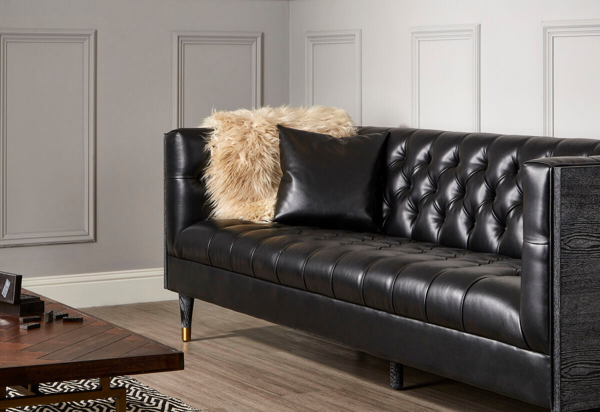 Orsina Raven 3 Seater Sofa – Black Faux Leather Tufted Couch