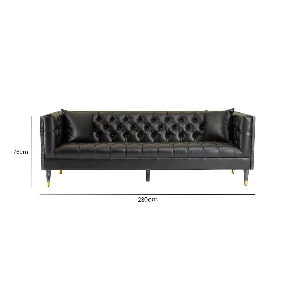 Orsina Raven 3 Seater Sofa – Black Faux Leather Tufted Couch