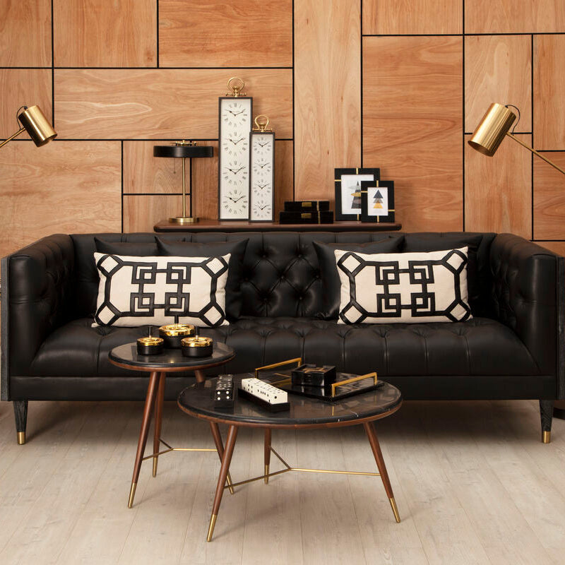 Orsina Raven 3 Seater Sofa – Black Faux Leather Tufted Couch