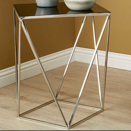 Orsina Shalimar Black Glass Side Table – Geometric Stainless Steel Base