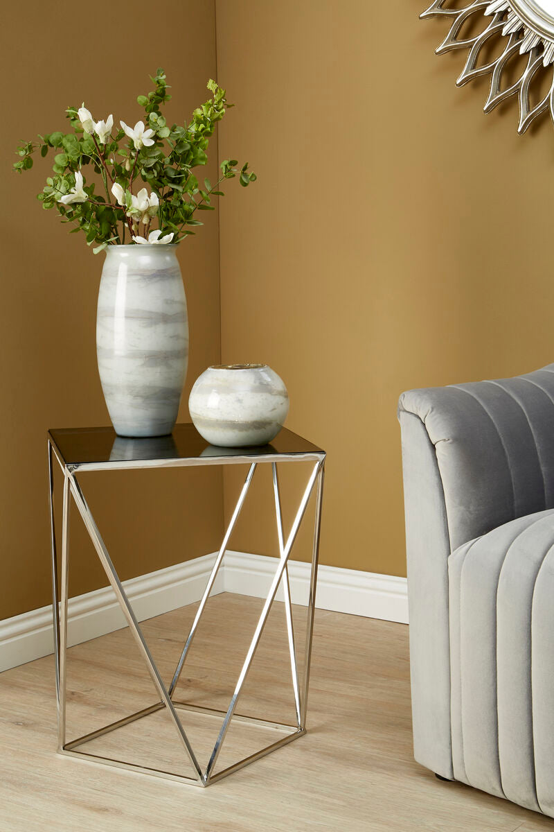 Orsina Shalimar Black Glass Side Table – Geometric Stainless Steel Base