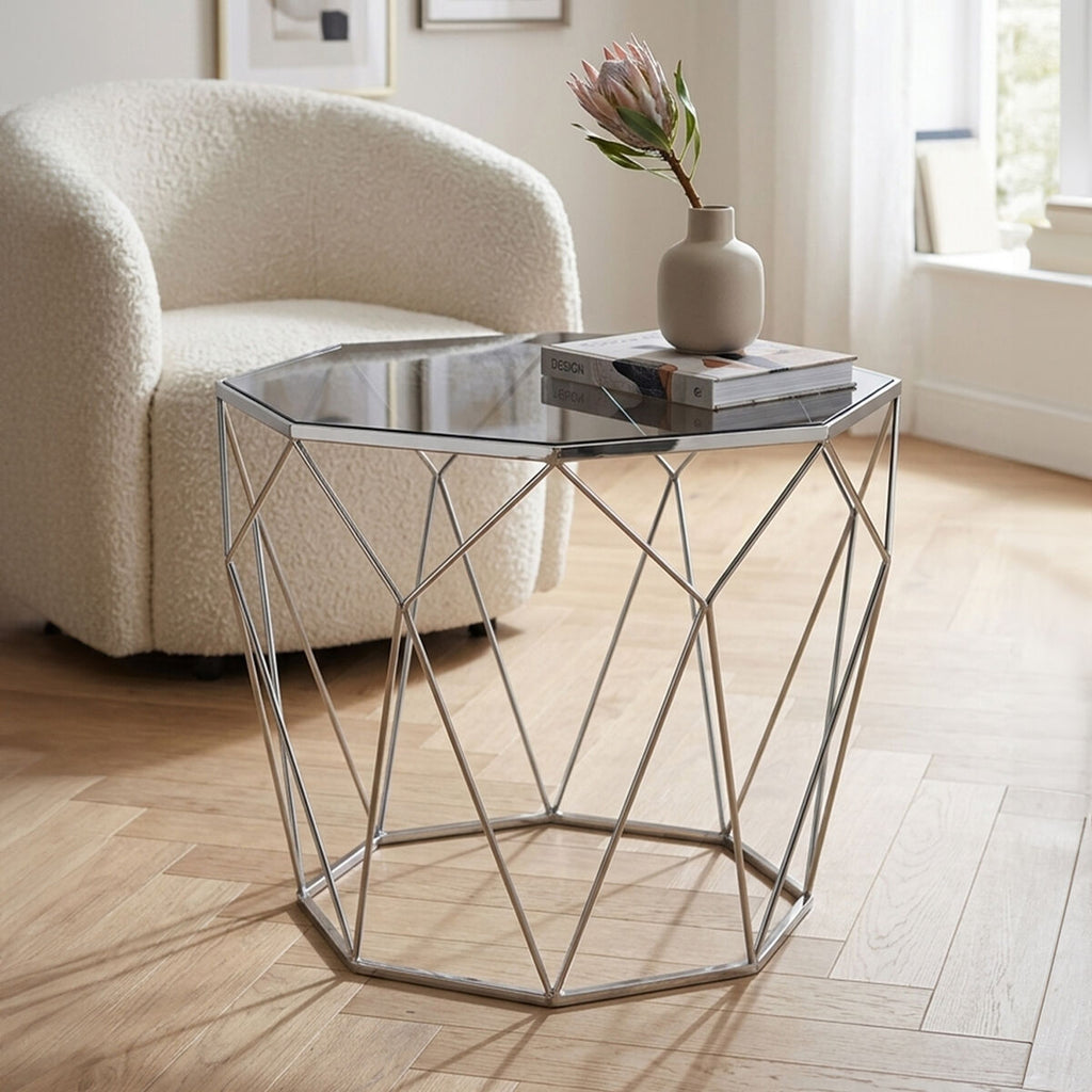 Orsina Shalimar Octagonal Side Table – Silver & Black Tempered Glass