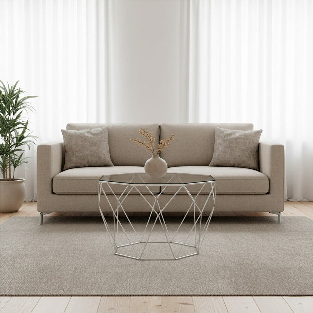 Orsina Shalimar Octagonal Coffee Table | Silver Metal & Tempered Glass