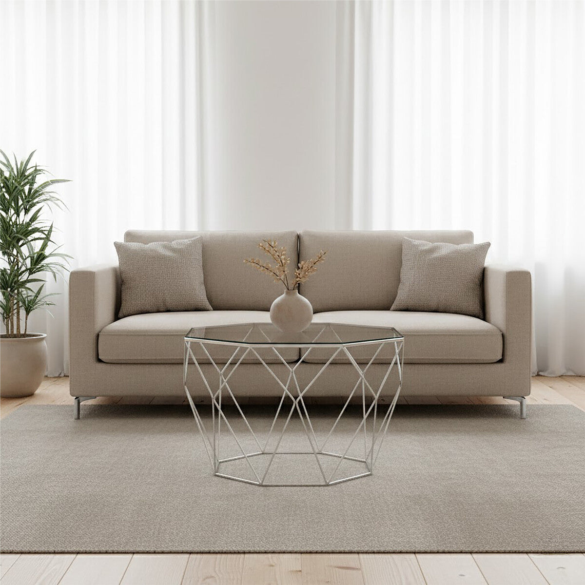 Orsina Shalimar Octagonal Coffee Table | Silver Metal & Tempered Glass