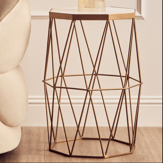 Orsina Shalimar Octagonal White Marble and Gold Metal Side Table