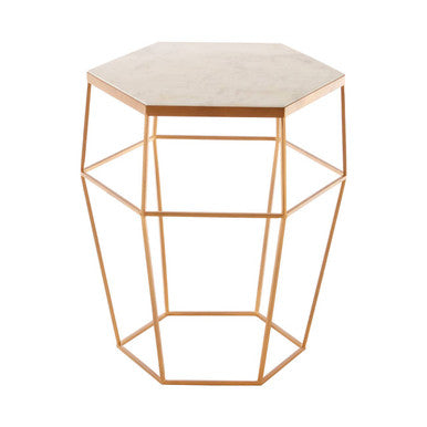 Orsina Shalimar Hexagonal Marble Side Table | Gold Iron Wireframe