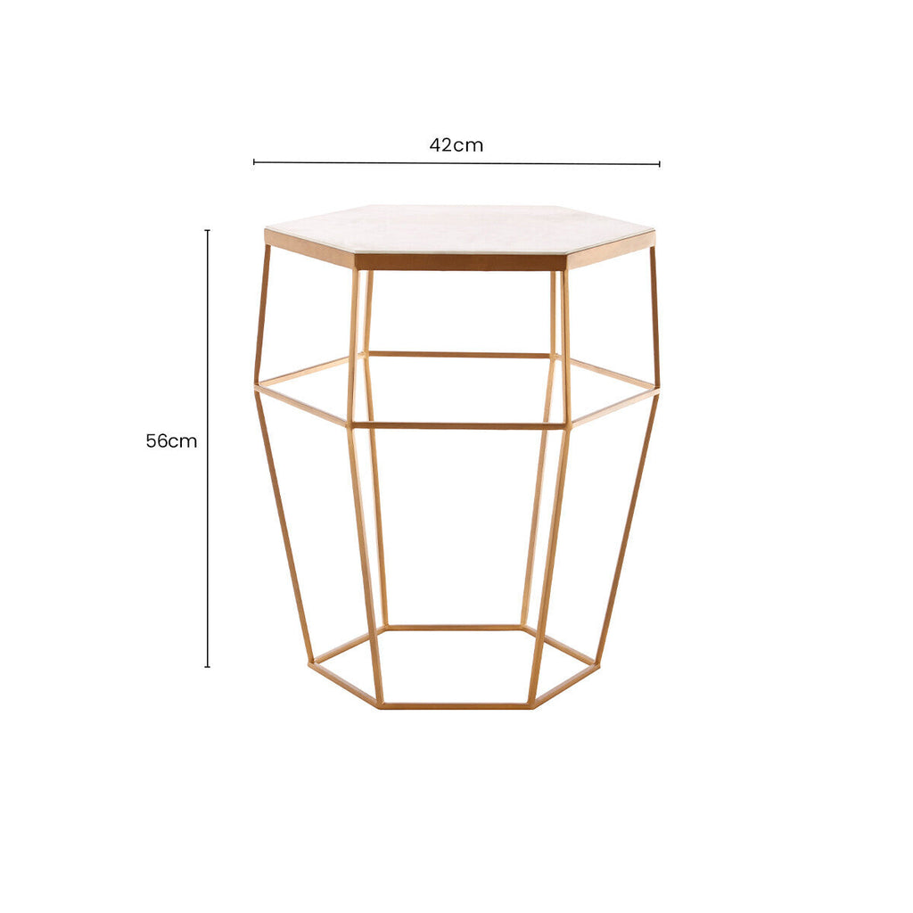 Orsina Shalimar Hexagonal Marble Side Table | Gold Iron Wireframe