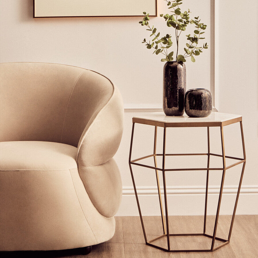 Orsina Shalimar Hexagonal Marble Side Table | Gold Iron Wireframe