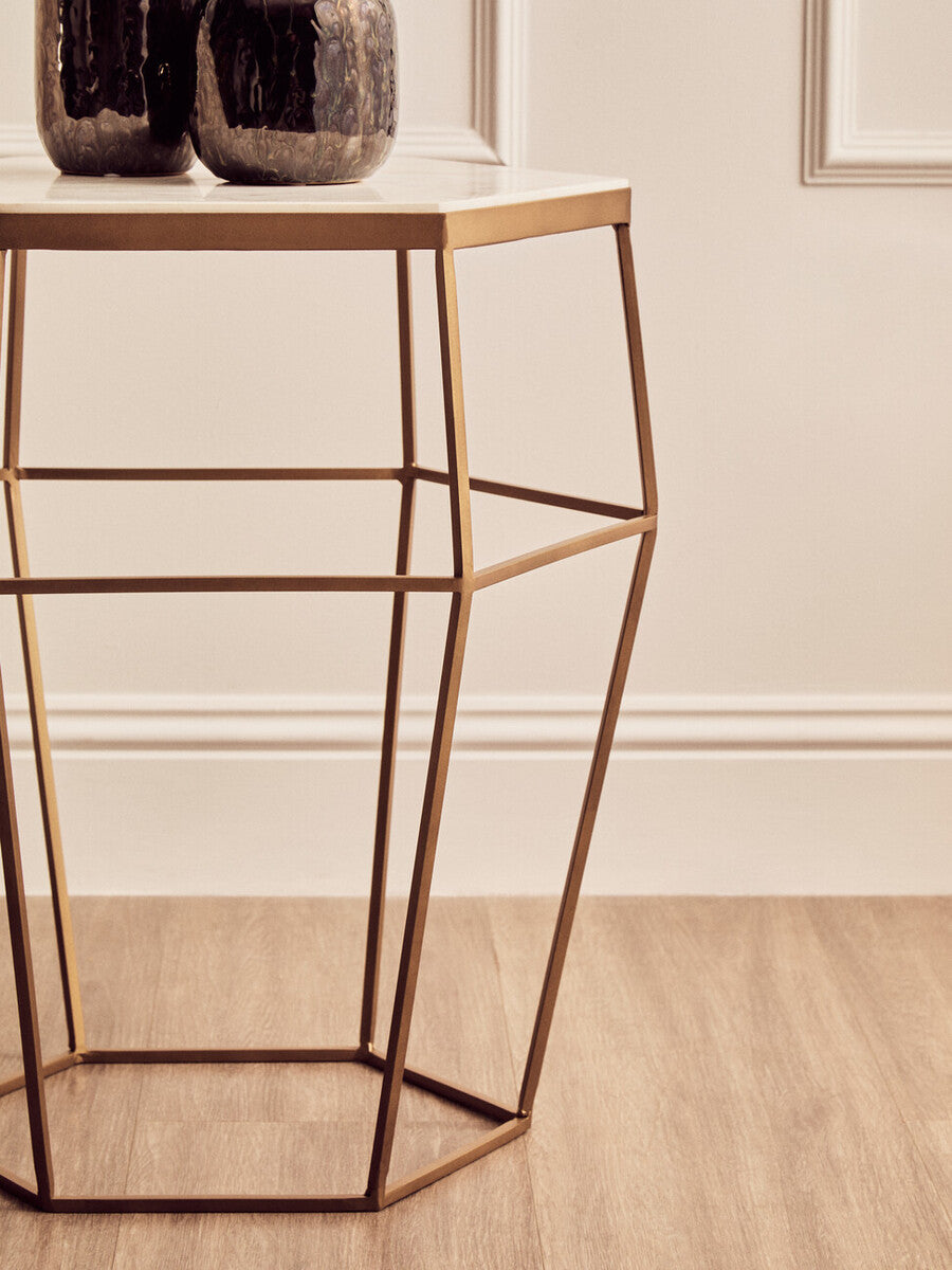Orsina Shalimar Hexagonal Marble Side Table | Gold Iron Wireframe