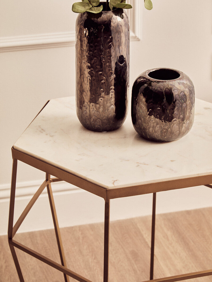Orsina Shalimar Hexagonal Marble Side Table | Gold Iron Wireframe