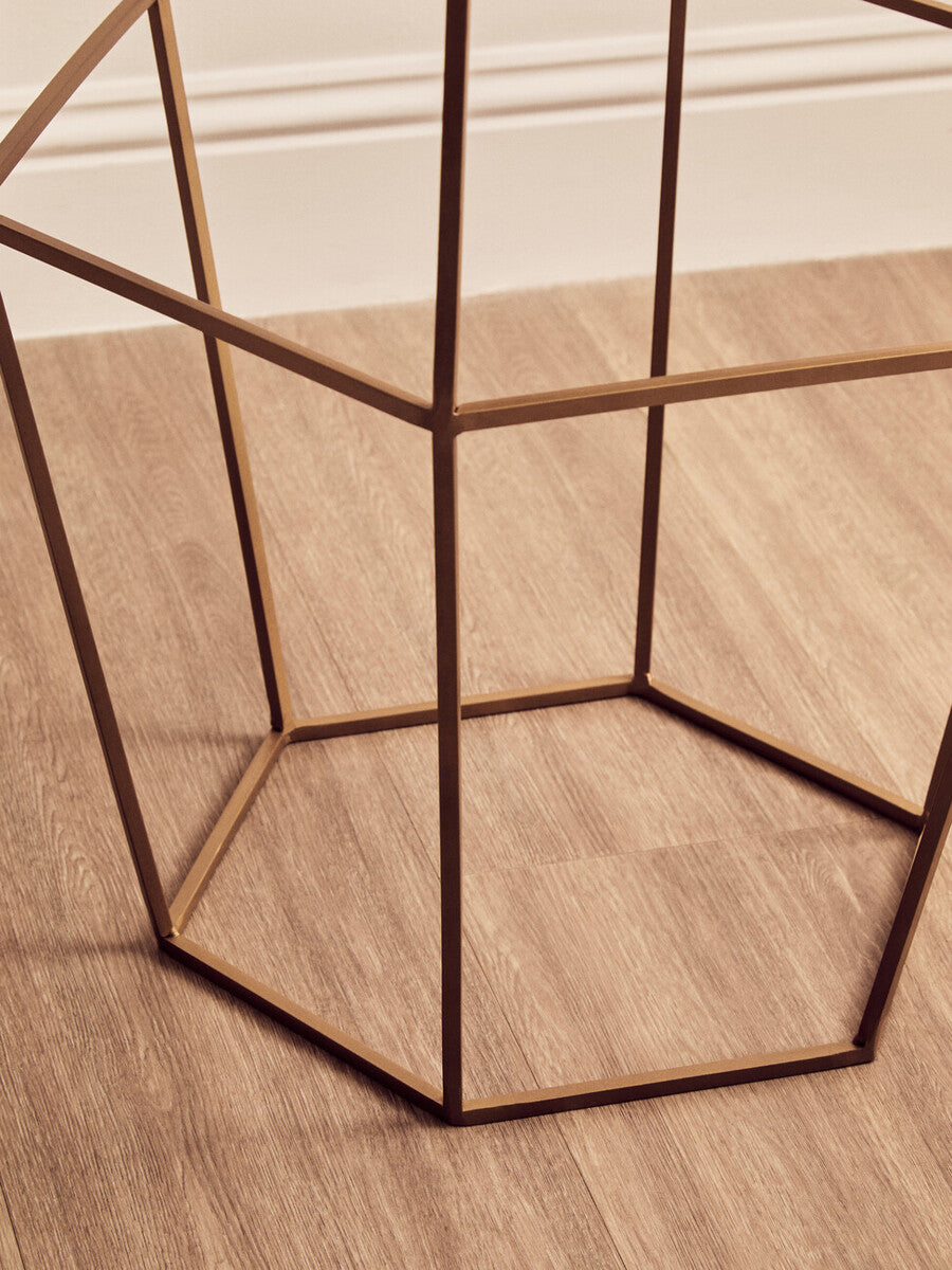 Orsina Shalimar Hexagonal Marble Side Table | Gold Iron Wireframe