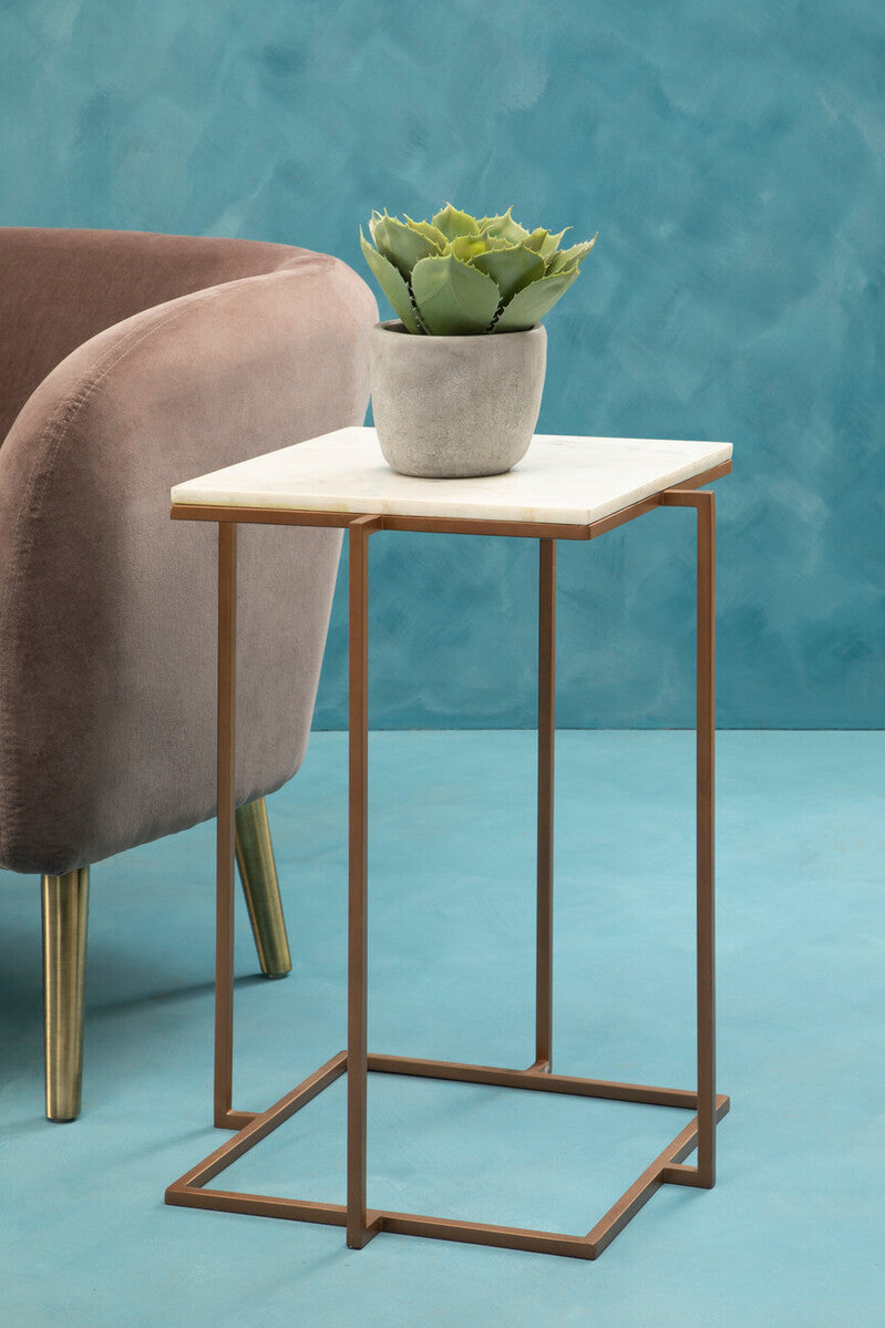 Orsina Shalimar Side Table – White Marble Top with Gold Iron Legs