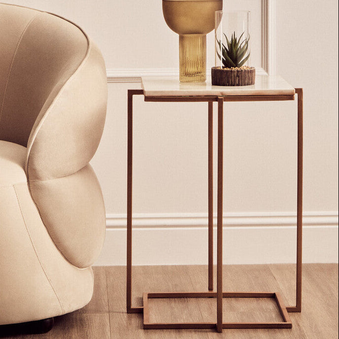 Orsina Shalimar Side Table – White Marble Top with Gold Iron Legs