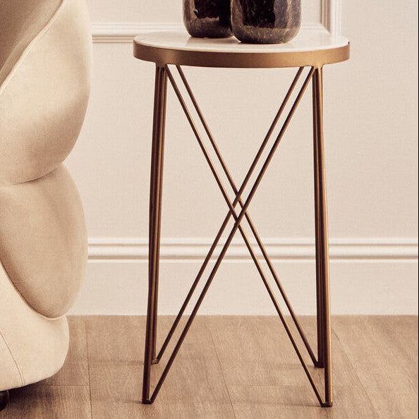 Orsina Shalimar Round Marble Side Table – White and Gold Lattice