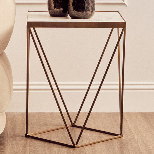 Orsina Shalimar Square Marble Side Table – Gold Geometric Base