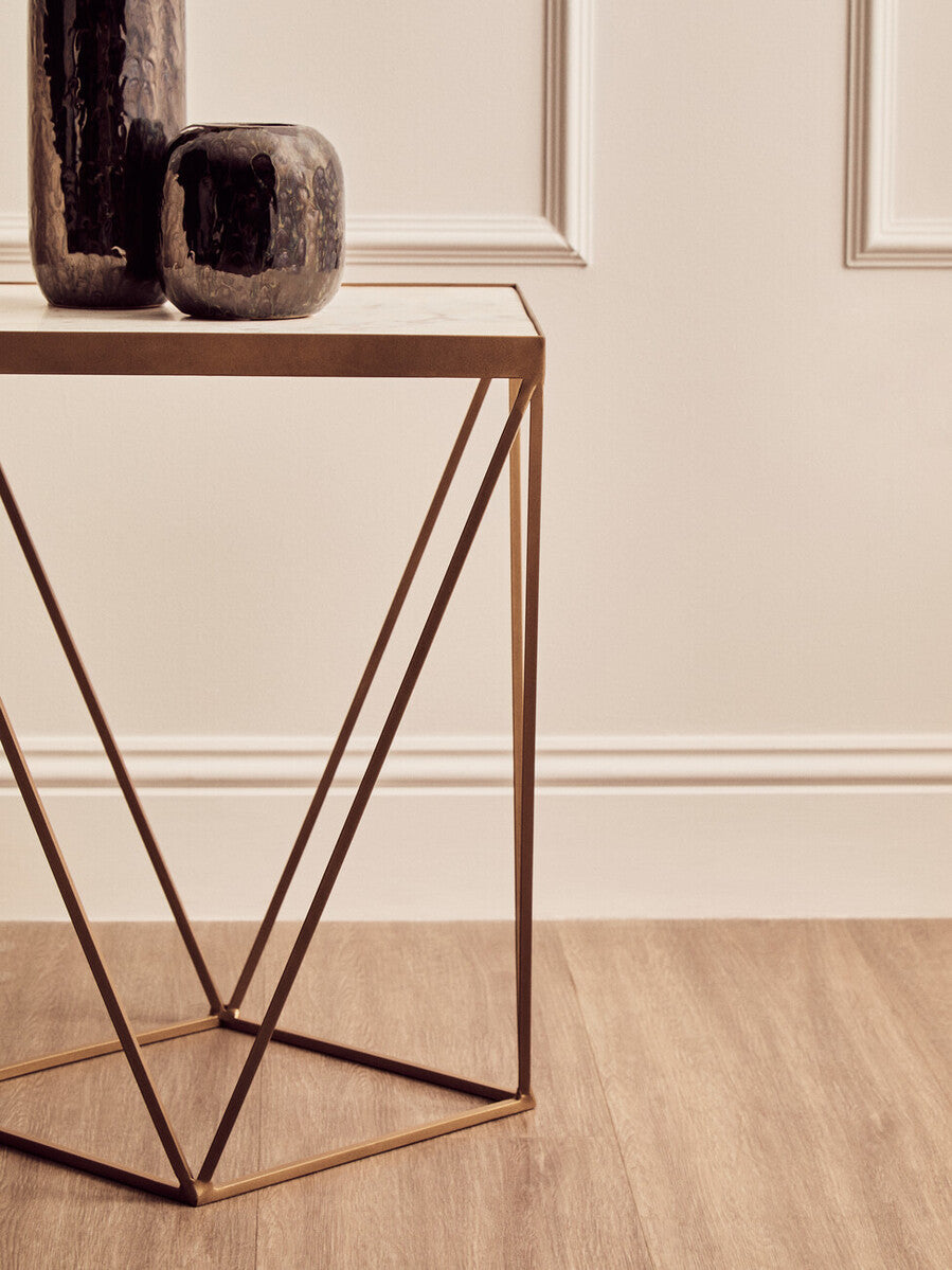 Orsina Shalimar Square Marble Side Table – Gold Geometric Base