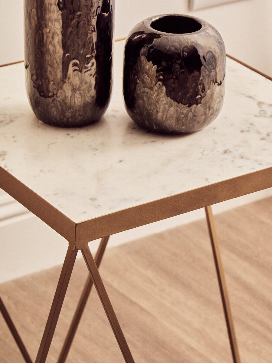Orsina Shalimar Square Marble Side Table – Gold Geometric Base