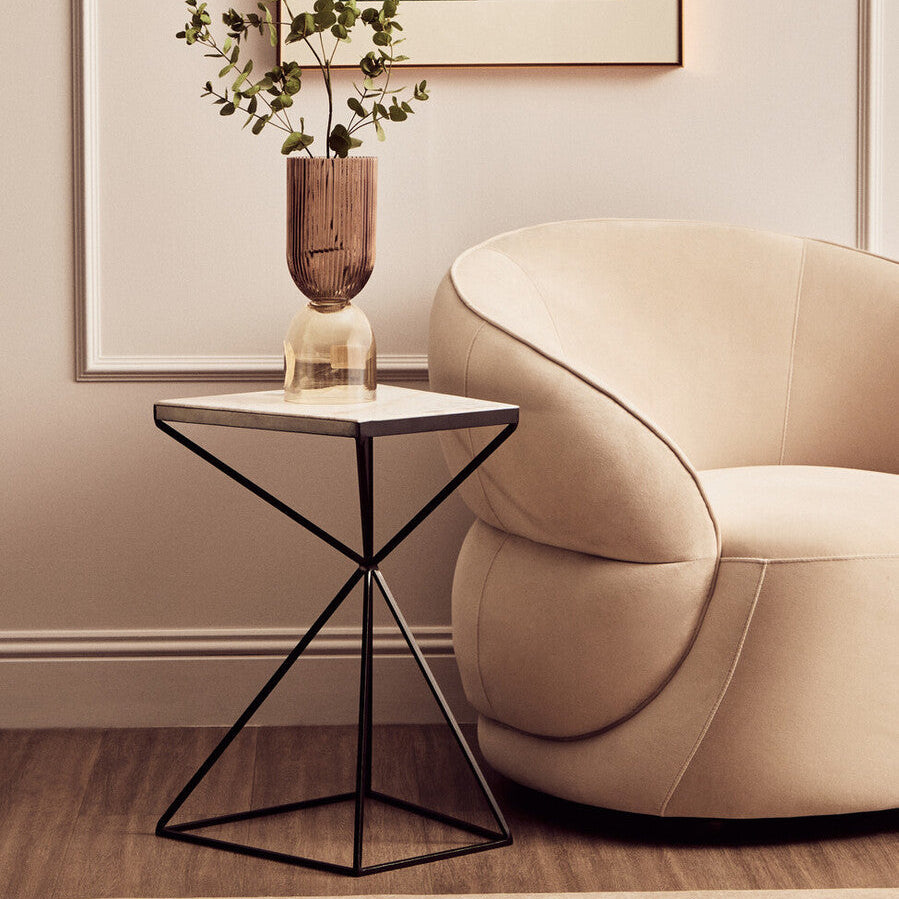 Orsina Shalimar Side Table – Natural Marble Top & Trapezoid Iron Base