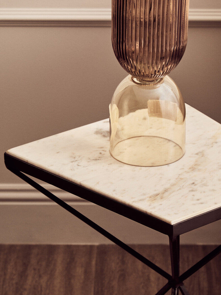 Orsina Shalimar Side Table – Natural Marble Top & Trapezoid Iron Base