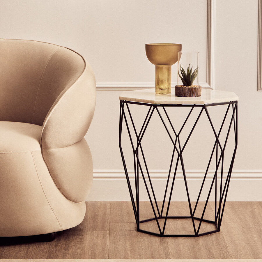 Orsina Shalimar Octagon White Marble Side Table with Black Steel Legs