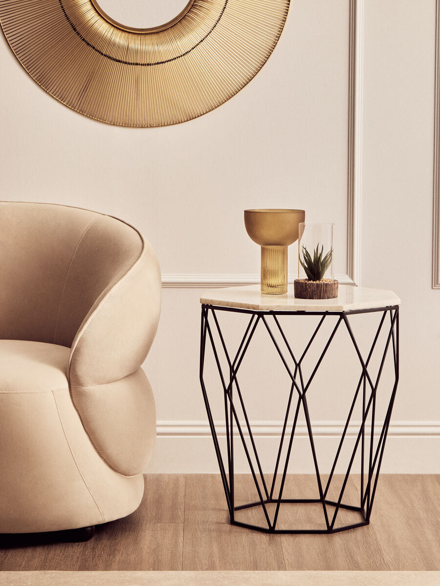 Orsina Shalimar Octagon White Marble Side Table with Black Steel Legs