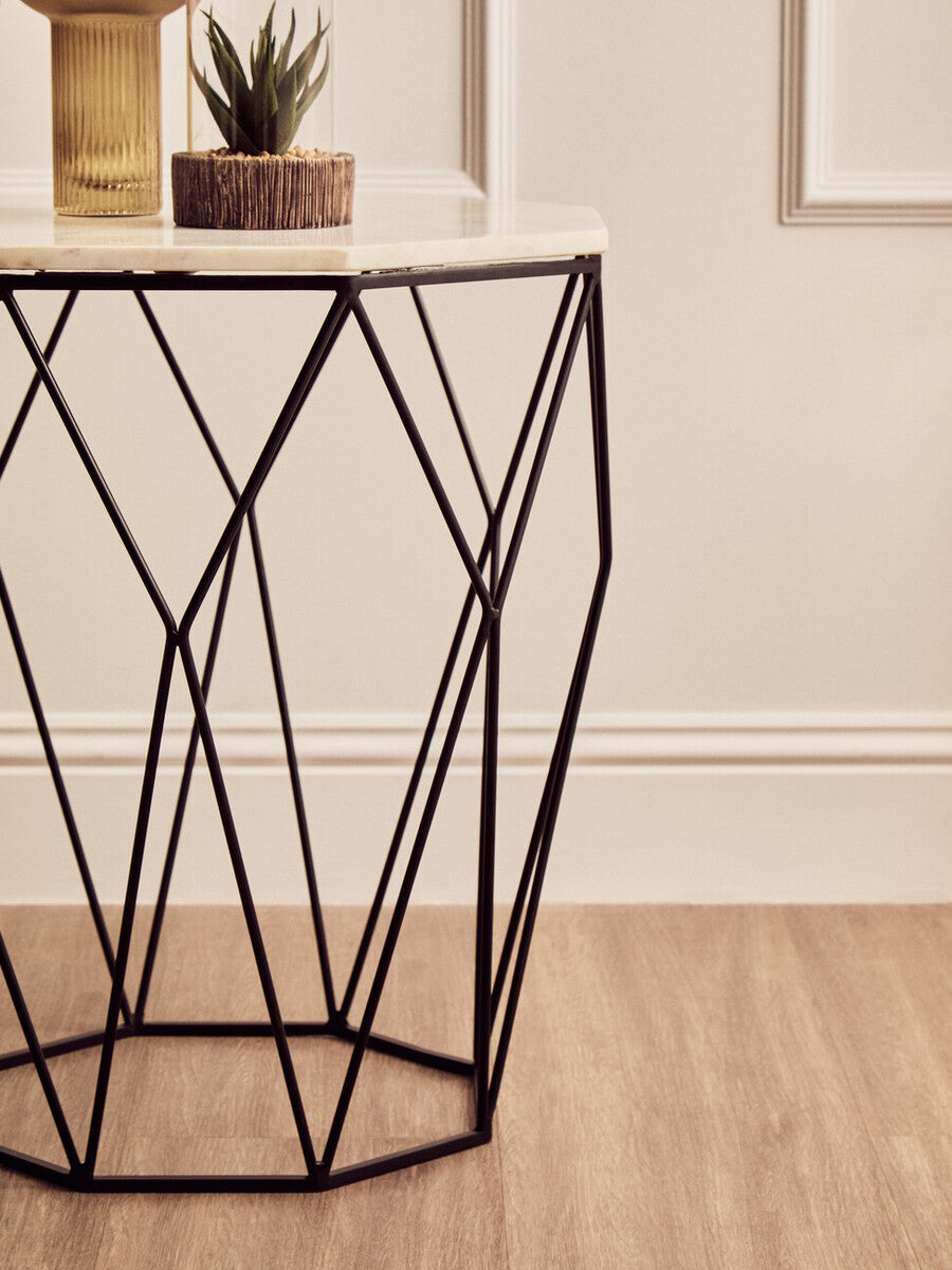 Orsina Shalimar Octagon White Marble Side Table with Black Steel Legs