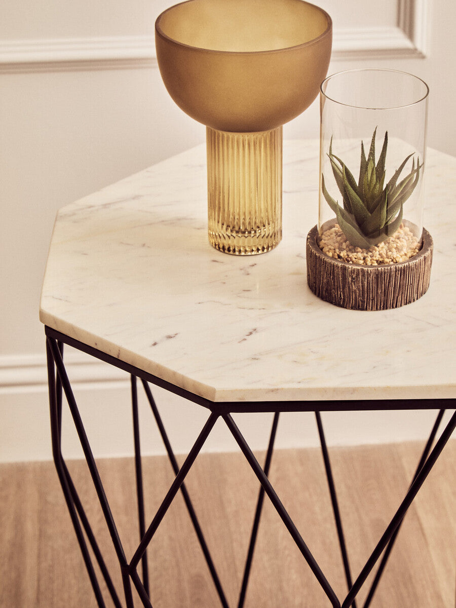 Orsina Shalimar Octagon White Marble Side Table with Black Steel Legs