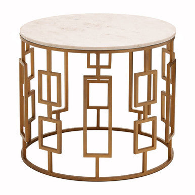 Orsina Shalimar Round White Marble Side Table with Gold Geometric Base