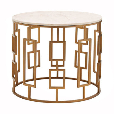 Orsina Shalimar Round White Marble Side Table with Gold Geometric Base