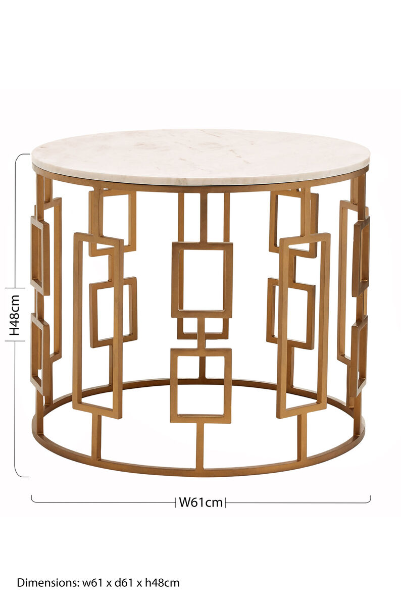 Orsina Shalimar Round White Marble Side Table with Gold Geometric Base