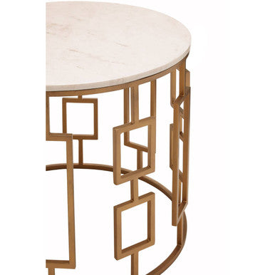 Orsina Shalimar Round White Marble Side Table with Gold Geometric Base