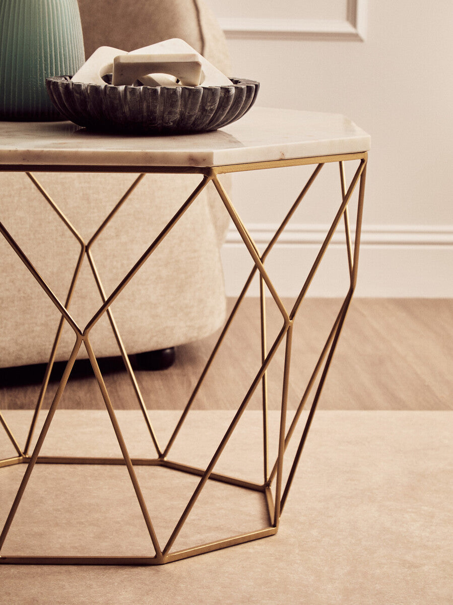 Orsina Shalimar Octagon White Marble Coffee Table – Gold Metal Frame