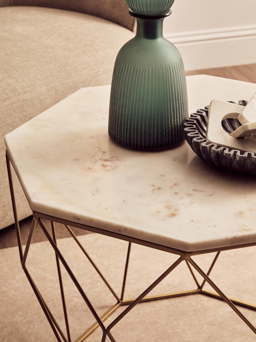 Orsina Shalimar Octagon White Marble Coffee Table – Gold Metal Frame