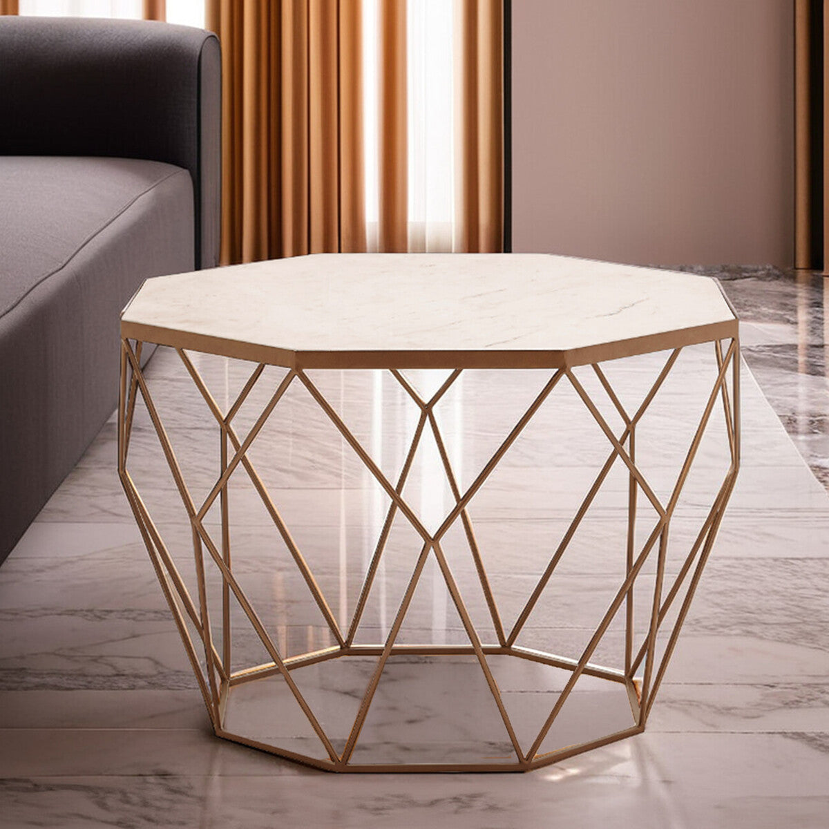 Orsina Shalimar Octagon White Marble Coffee Table – Gold Metal Frame
