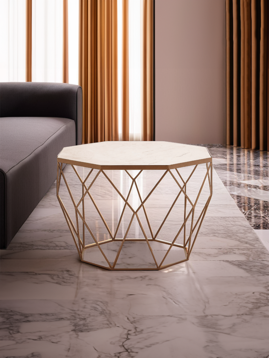Orsina Shalimar Octagon White Marble Coffee Table – Gold Metal Frame