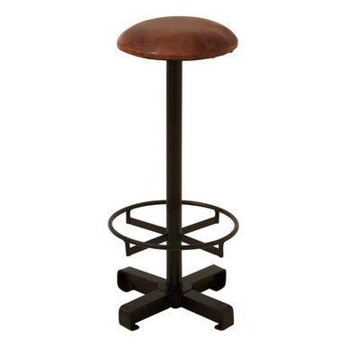 Orsina Buffalo Brown Leather Round Seat Bar Stool | Black Iron Frame