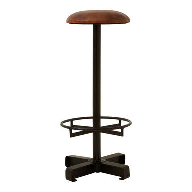 Orsina Buffalo Brown Leather Round Seat Bar Stool | Black Iron Frame