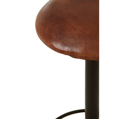 Orsina Buffalo Brown Leather Round Seat Bar Stool | Black Iron Frame