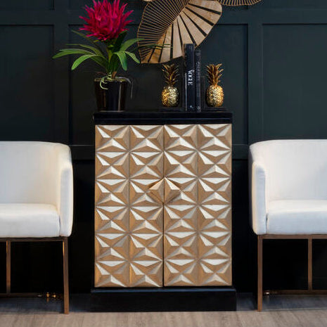 Orsina Malta Bar Unit – Black Mango Wood Cabinet with Gold Doors
